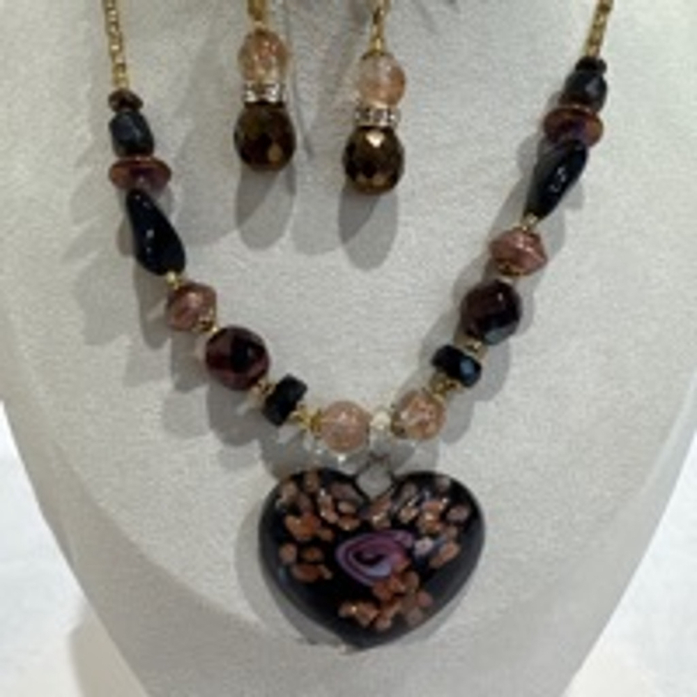 Murano glass heart & bead Necklace/earrings Set, Black Brown rose/copper & gold